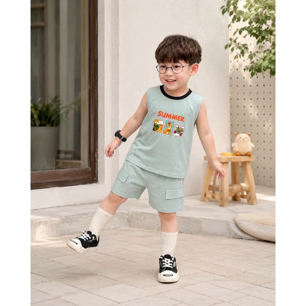 Bộ ba lỗ cotton in hoạ tiết cho bé, bộ thun ba lỗ chất liệu cotton thoáng mát cho bé Bernie