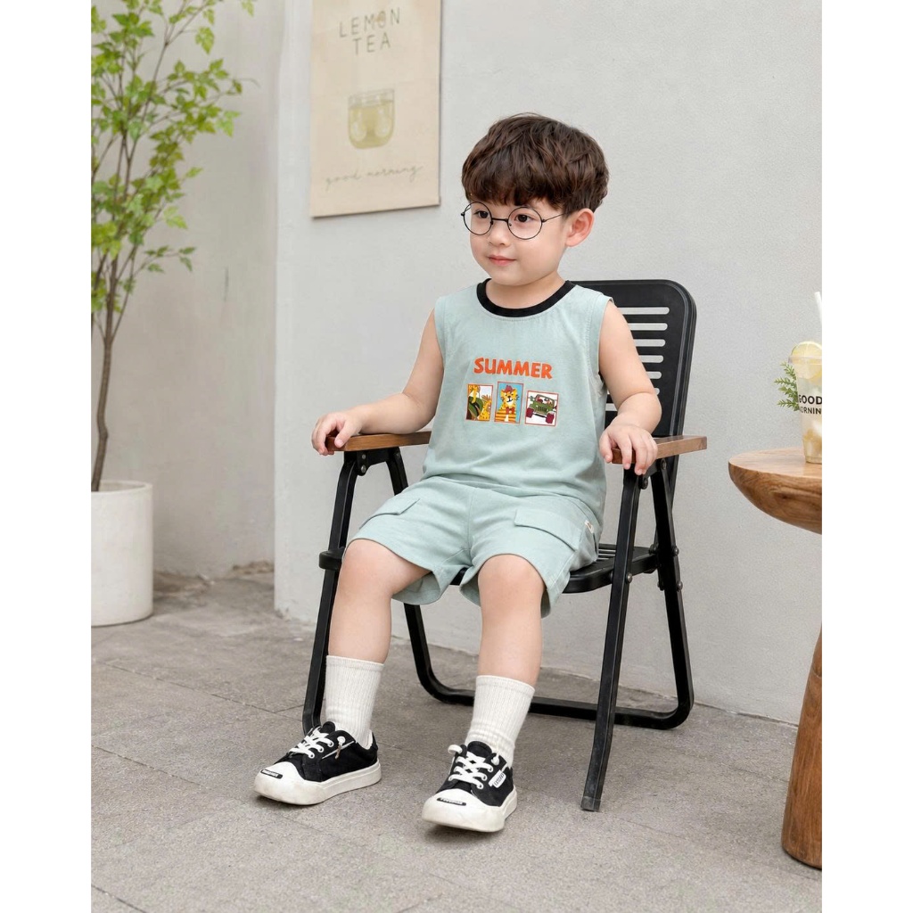 Bộ ba lỗ cotton in hoạ tiết cho bé, bộ thun ba lỗ chất liệu cotton thoáng mát cho bé Bernie