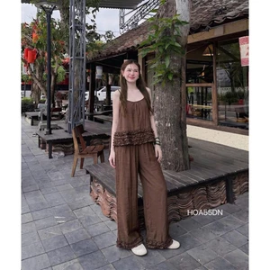 Set Bộ Áo Sát Nách Phối Túi Kèm Quần Suông Dài Chất Đũi Xước Mềm Mát Dáng Rộng Thanh Lịch Thời Trang Nữ Mùa Hè