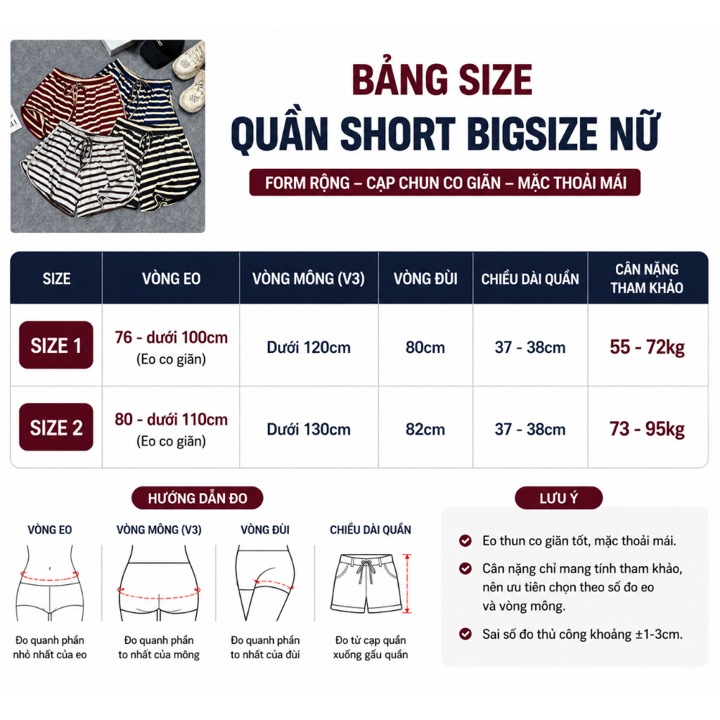 Quần Short Bigsize Nữ Sọc Ngang Co Giãn, Cạp Chun Dây Rút, Mặc Mát Từ 55-95kg Q587