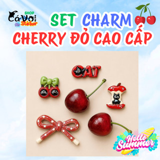 🍒 [ĐỘC QUYỀN] Set Charm Cherry Đỏ Kawaii Cao Cấp, Nơ Hồng Ngọt Ngào, Mèo Đen Dễ Thương, Phụ Kiện Dép Hottrend