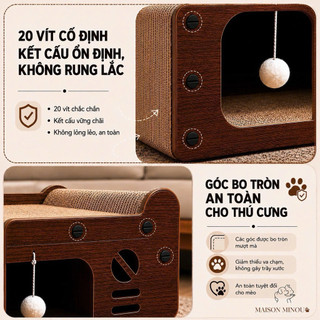 Nhà ngủ cho mèo kết hợp bàn cào móng đa năng màu gỗ nâu cổ điển