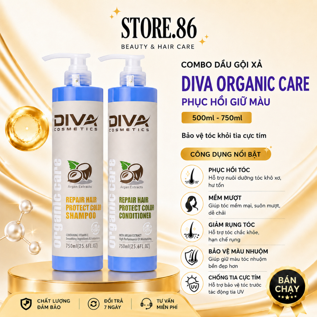 Combo Dầu Gội Xả Diva Organic Care 500ml–750ml | Dưỡng Tóc Mềm Mượt, Hỗ Trợ Chăm Sóc Tóc Nhuộm