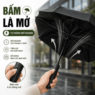 Ô Dù Che Mưa Nắng Phủ Keo Đen, Cán Dài Tự Động/Gấp 3 70cm 12K, Nhiều Màu