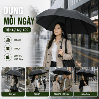 Ô Dù Che Mưa Nắng Phủ Keo Đen, Cán Dài Tự Động/Gấp 3 70cm 12K, Nhiều Màu