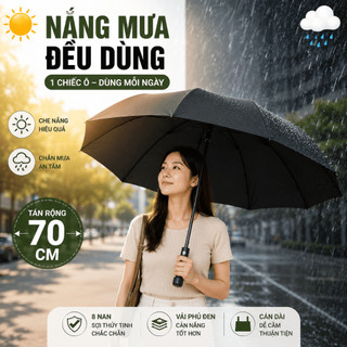 Ô Dù Che Mưa Nắng Phủ Keo Đen, Cán Dài Tự Động/Gấp 3 70cm 12K, Nhiều Màu