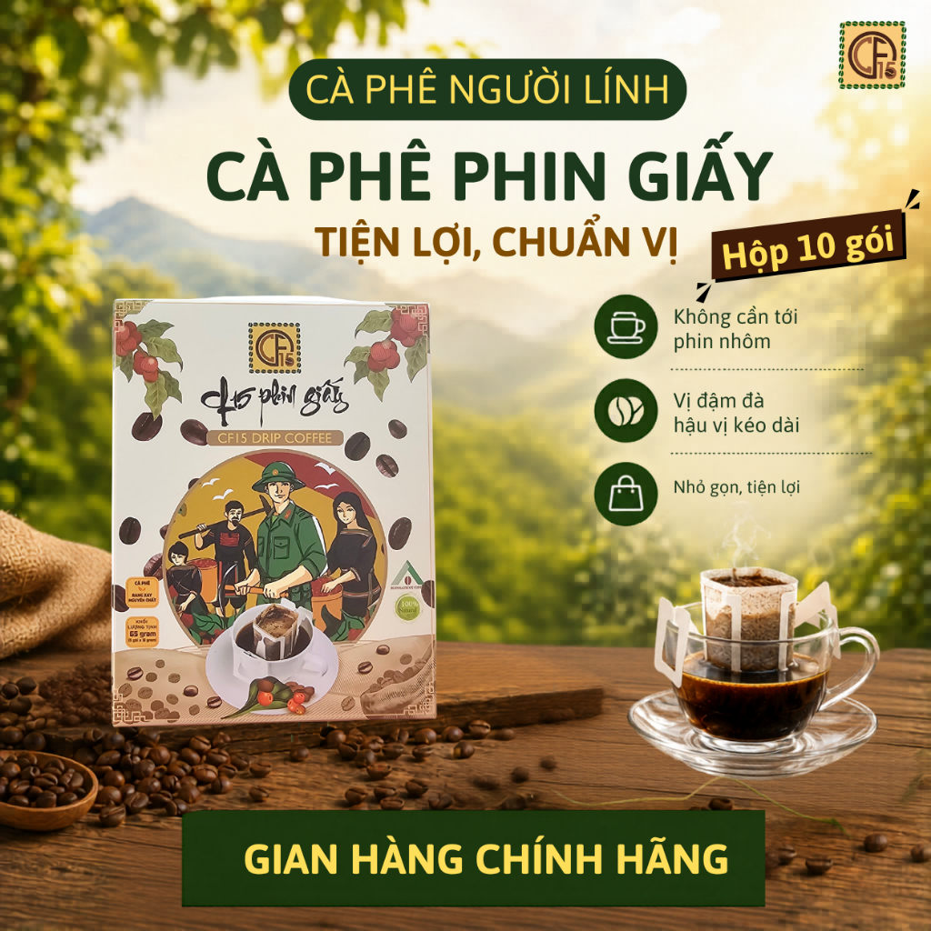 Cà Phê  Phin Giấy CF15 Coffee - Hộp 10 Gói - Cà Phê Người Lính ( Robusta Nguyên Chất)