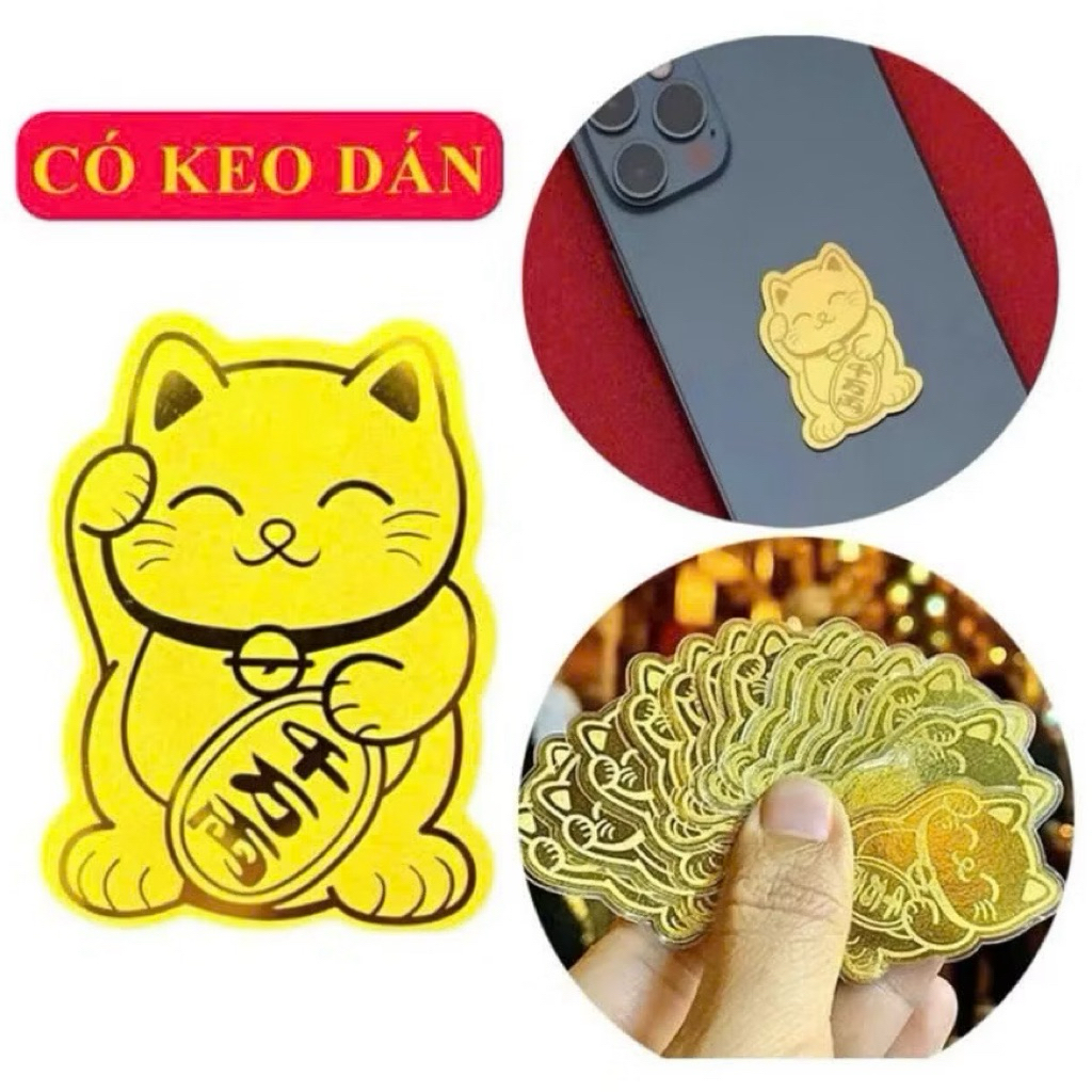 (Combo 10-100 miếng) dán mèo thần tài mạ vàng 24k cầu may mắn tiền tài