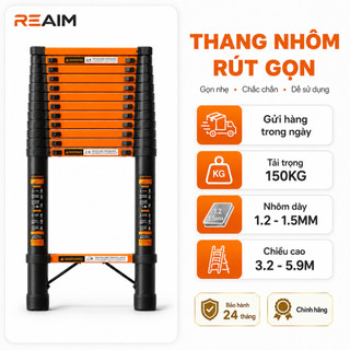 Thang nhôm đơn REAIM Nhập Khẩu rút đơn xếp gọn  3,2M 3,9M 4,3M 5,1M 5,9m bảo hành chính hãng 24 tháng