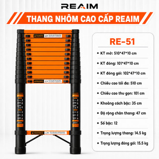 Thang nhôm đơn REAIM Nhập Khẩu rút đơn xếp gọn  3,2M 3,9M 4,3M 5,1M 5,9m bảo hành chính hãng 24 tháng