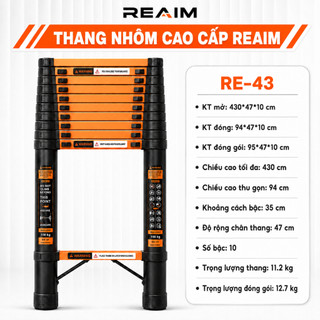 Thang nhôm đơn REAIM Nhập Khẩu rút đơn xếp gọn  3,2M 3,9M 4,3M 5,1M 5,9m bảo hành chính hãng 24 tháng