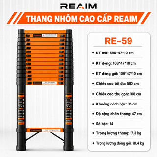 Thang nhôm đơn REAIM Nhập Khẩu rút đơn xếp gọn  3,2M 3,9M 4,3M 5,1M 5,9m bảo hành chính hãng 24 tháng