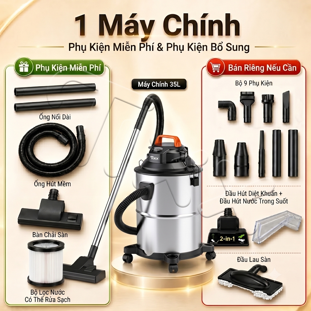 TIXX Máy hút bụi 35L Công nghiệp 30000PA Khô Ướt Thổi 3 trong 1 Bán kính 10m máy hút bụi
