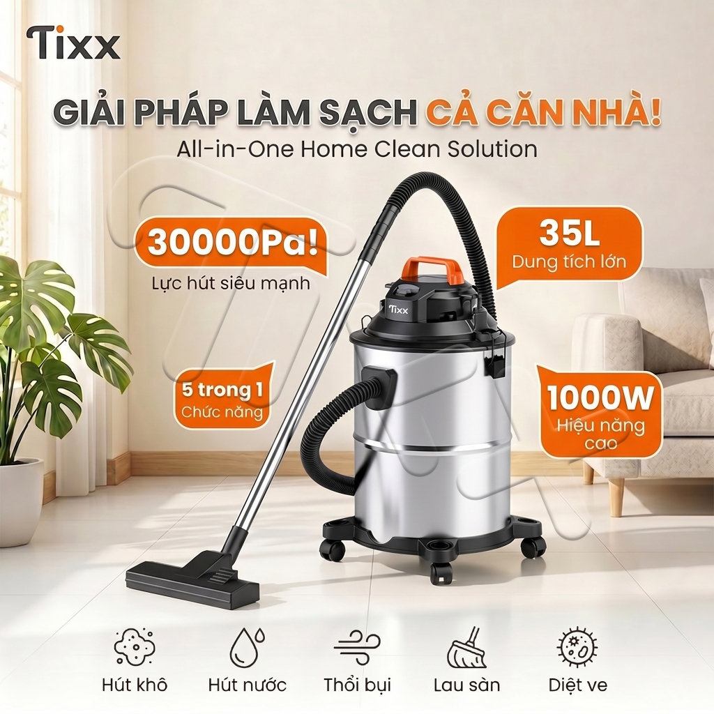 TIXX Máy hút bụi lực hút 30000PA hút được khô và ướt độ bền công nghiệp máy hút bụi công nghiệp Tặng bảo hành 1 năm