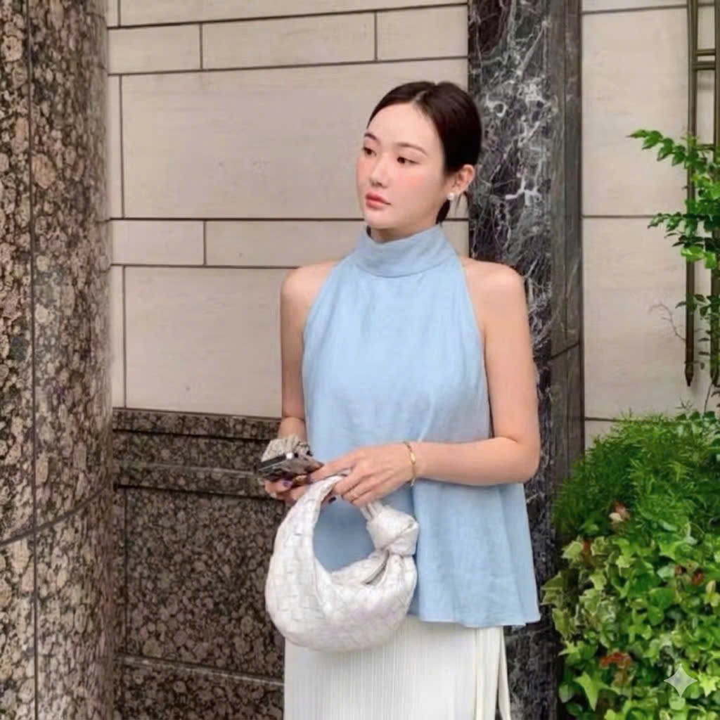 𝗥𝗼𝘀𝗲  A05 - | BEELY| Áo Linen Tưng vân gỗ cổ yếm thắt nơ