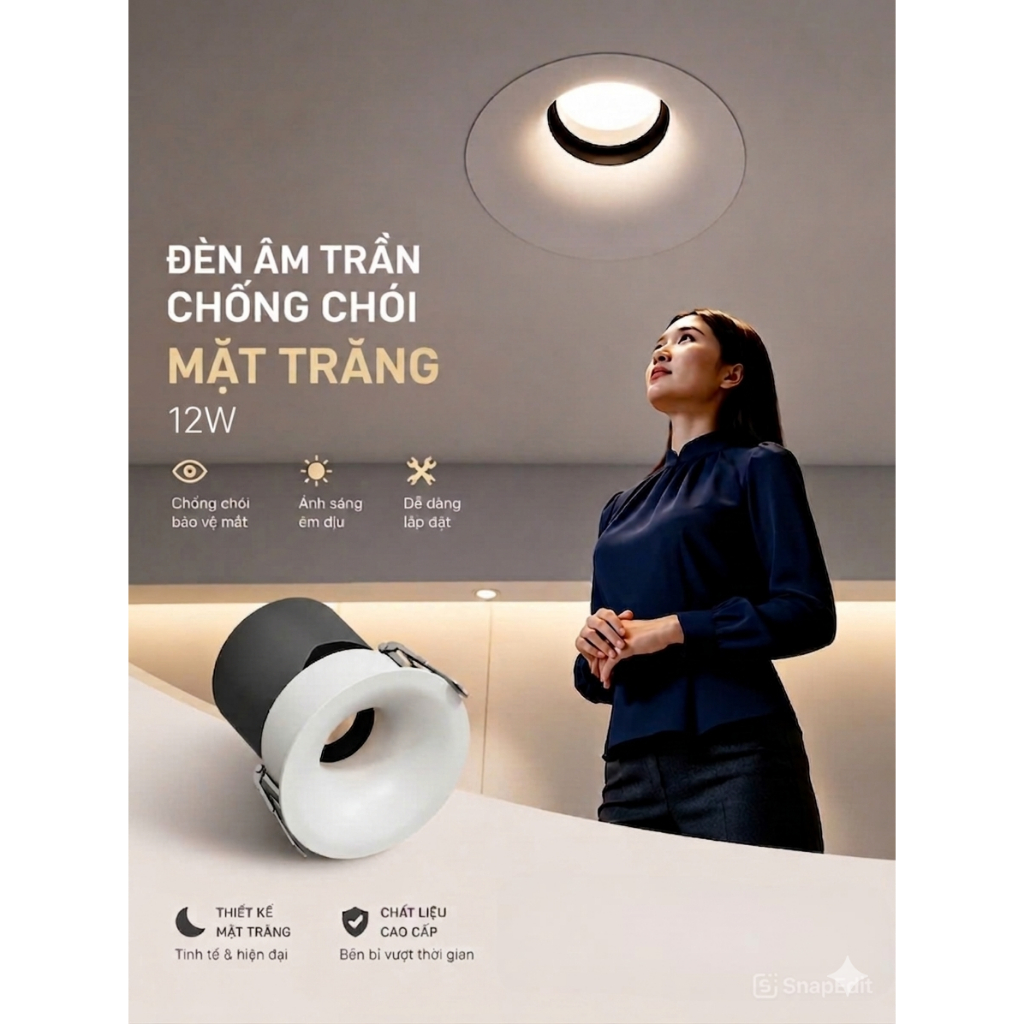 Bộ đèn Âm Trần Chống Chói Mặt Trăng Spotlight (by MD Ledlighting), (công suất:12W), (ánh sáng: 1 màu/3 màu