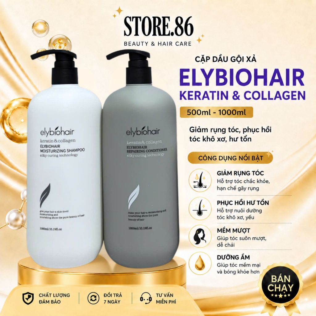 Cặp Dầu Gội Xả Elybiohair Collagen 500ml–1000ml | Dưỡng Tóc Mềm Mượt Cho Tóc Khô Xơ Uốn Nhuộm