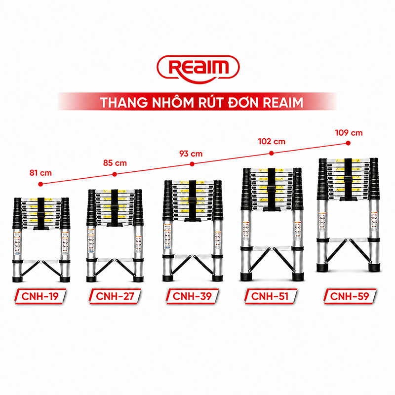 Thang nhôm REAIM rút đơn xếp gọn 1.9 - 5,9m công nghệ Nhật Bản, bảo hành chính hãng 24 tháng