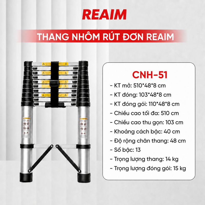 Thang nhôm REAIM rút đơn xếp gọn 1.9 - 5,9m công nghệ Nhật Bản, bảo hành chính hãng 24 tháng