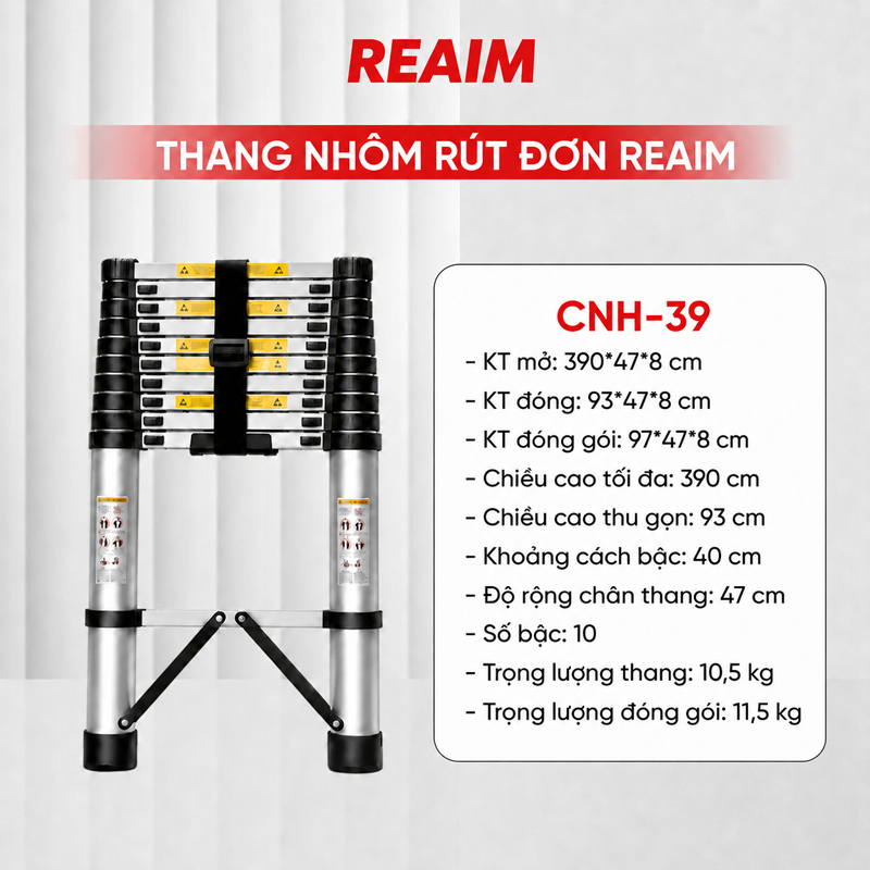 Thang nhôm REAIM rút đơn xếp gọn 1.9 - 5,9m công nghệ Nhật Bản, bảo hành chính hãng 24 tháng