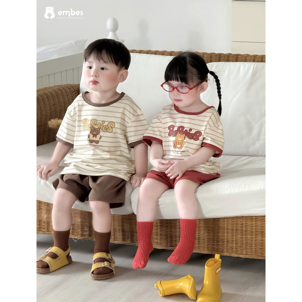 Bộ Cộc Cho Bé Embes, Combo 2 Bộ Cộc Tay Phối Màu Chất Cotton Mềm Mại Cho Bé Trai Bé Gái Từ 8-18kg