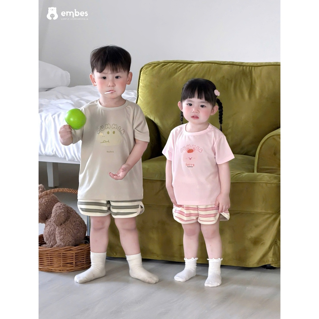 Bộ Cộc Cho Bé Embes, Combo 2 Bộ Cộc Tay In Họa Tiết Chất Cotton Mềm Mại Cho Bé Trai Bé Gái Từ 8-18kg