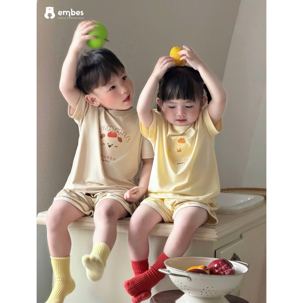 Bộ Cộc Cho Bé Embes, Combo 2 Bộ Cộc Tay In Họa Tiết Chất Cotton Mềm Mại Cho Bé Trai Bé Gái Từ 8-18kg