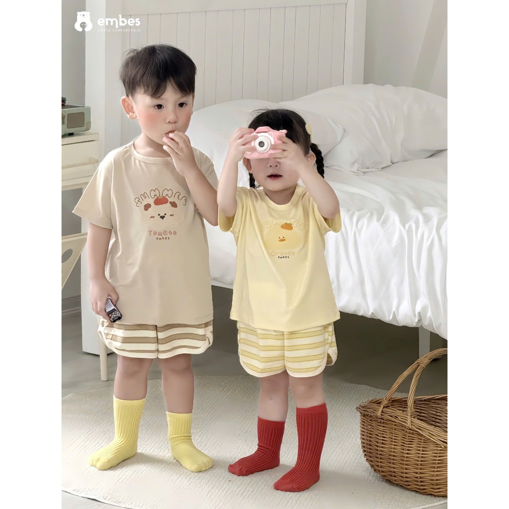 Bộ Cộc Cho Bé Embes, Bộ Cộc Tay In Hình Họa Tiết Chất Cotton Mềm Mại Cho Bé Trai Bé Gái Từ 8-18Kg