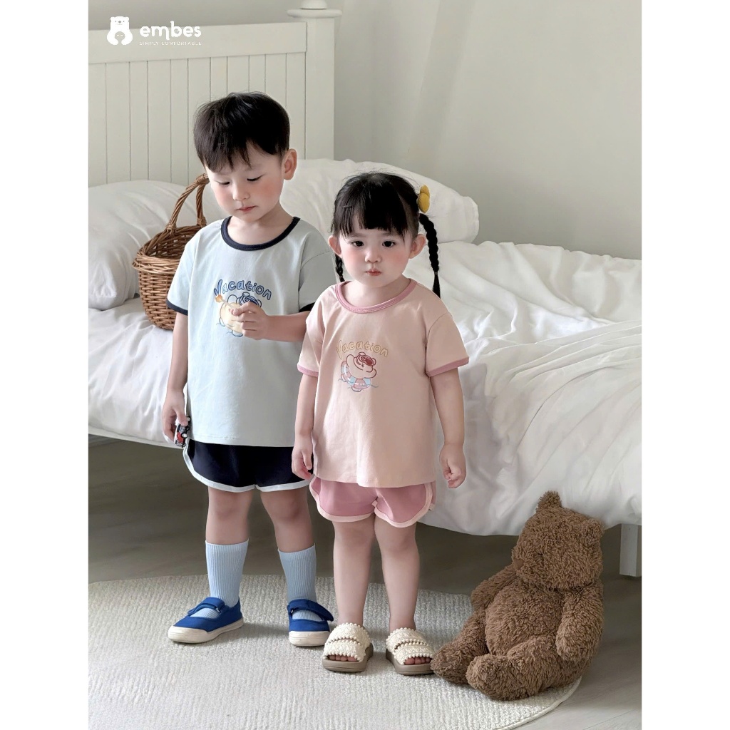 Bộ Cộc Cho Bé Embes, Combo 2 Bộ Cộc Tay Phối Màu Chất Cotton Mềm Mại Cho Bé Trai Bé Gái Từ 8-18kg