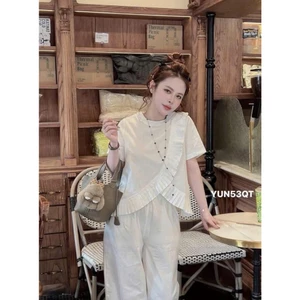 Set Bộ Áo Cổ Tròn Tay Ngắn Phối Vạt Chéo Bèo Nhún Kèm Quần Dài Ống Suông Gấu Bèo Chất Dù Nhăn Thời Trang Nữ