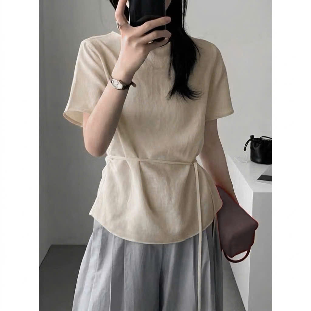 𝗝𝘂𝗻𝗼 -  Áo Linen TƠ cột nơ basic