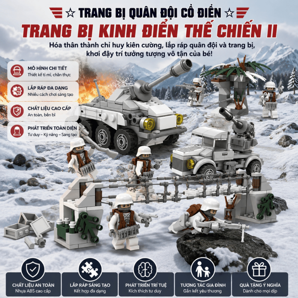 Bộ Xếp Hình Chiến Trường Cổ Điển Lắp Ráp Xe Thiết Giáp Xe Tăng Công Sự Chiến Trường Cho Bé