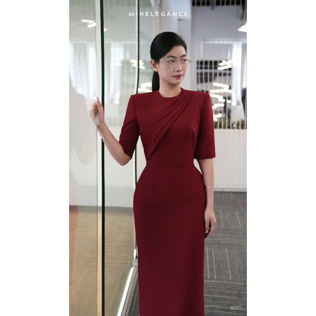 MINELEGÁNCE- SET ĐẦM BONG VAI CỔ TRÒN CÁCH ĐIỆU DÁNG DÀI, SANG TRỌNG, THANH LỊCH - MIN271