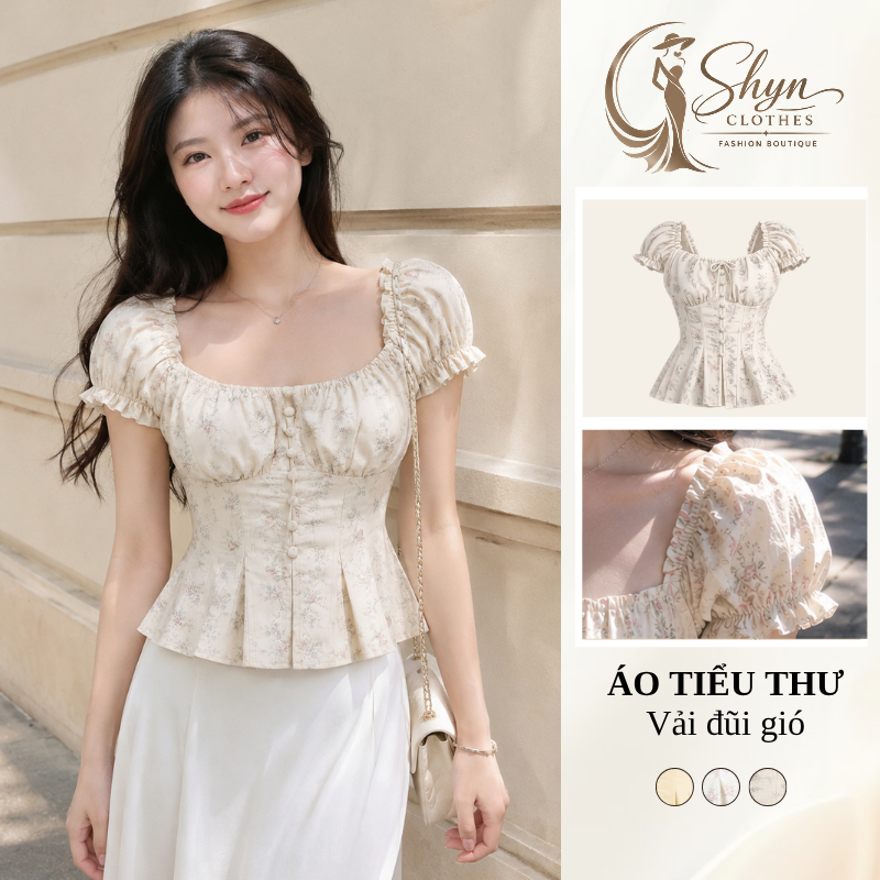Áo Tiểu Thư Chiết Eo Cổ Vuông Vải Đũi Gió Nhăn Nhẹ, Áo Kiểu Tay Phồng Mặc Đi Làm Đi Chơi