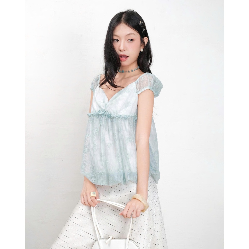 Áo Kiểu Cổ Tim HOZRIH TOP Dáng Bí Họa Tiết Nơ Lạ Mắt SECODEE