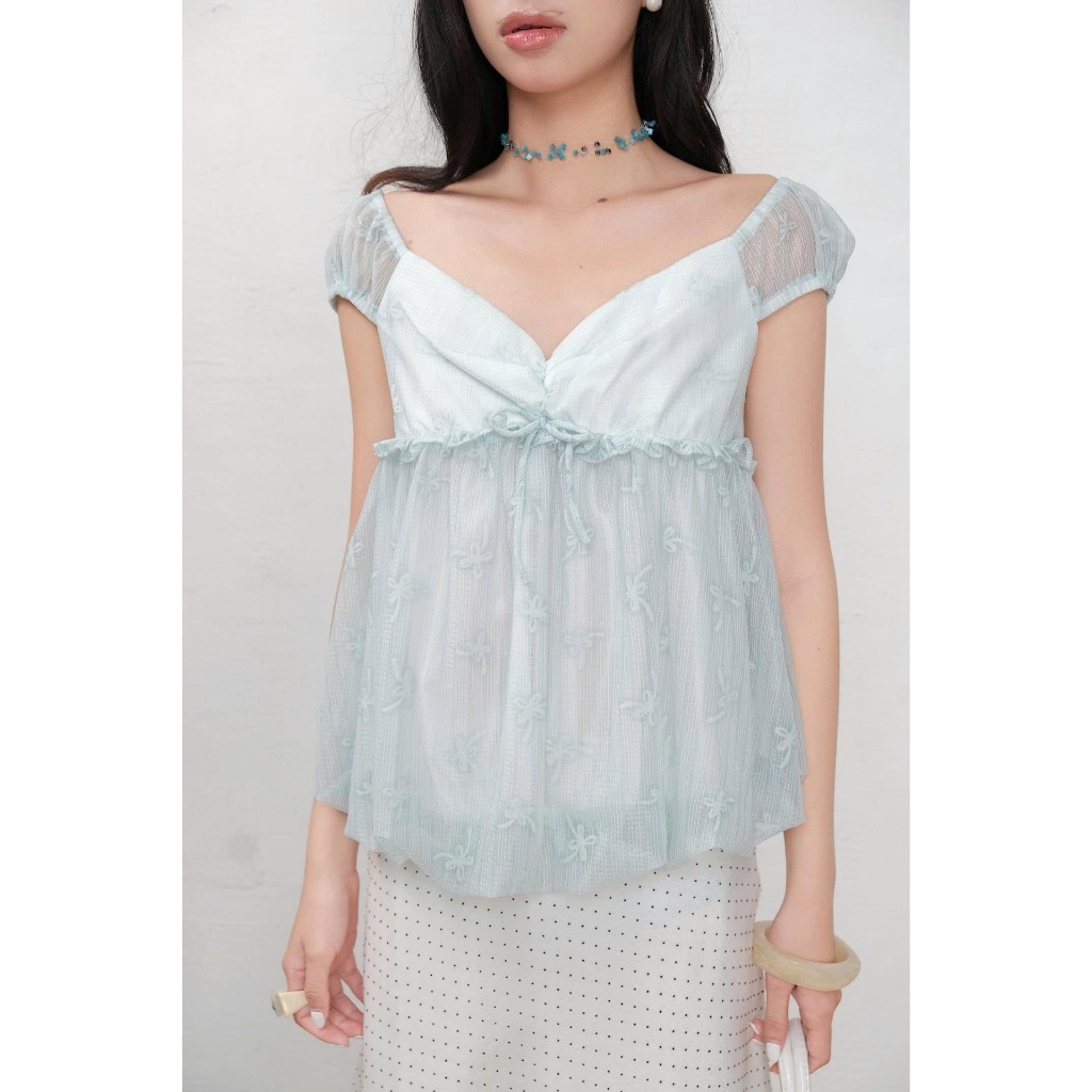 Áo Kiểu Cổ Tim HOZRIH TOP Dáng Bí Họa Tiết Nơ Lạ Mắt SECODEE
