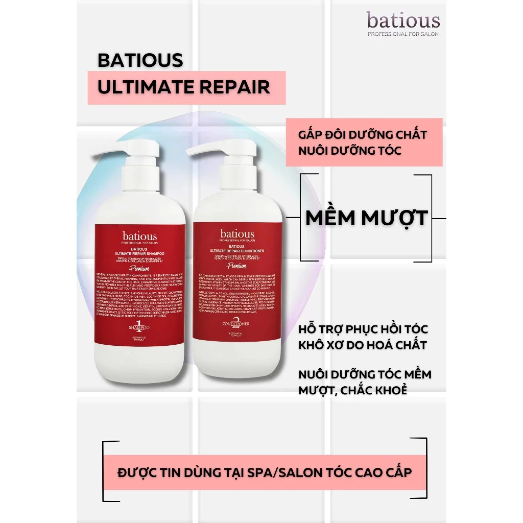 Cặp Dầu Gội Xả Batious Phục Hồi Hư Tổn Đa Tầng, Tái Tạo Nang Tóc, Ngăn Gàu, Kiềm Dầu 500ml-960ml
