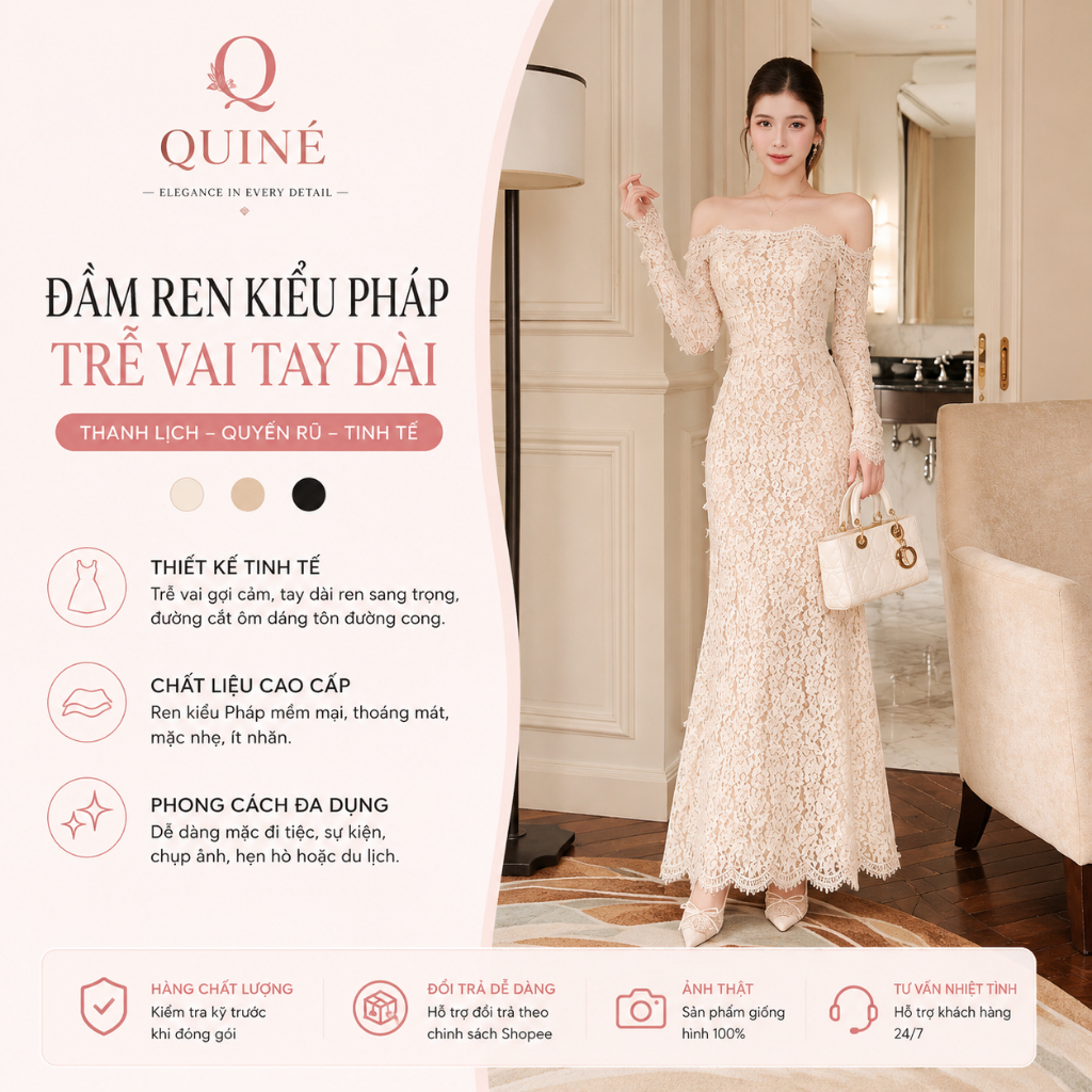 Đầm Ren Kiểu Pháp Trễ Vai Tay Dài – Đầm Ren Dáng Dài Sang Trọng Dự Tiệc Cao Cấp