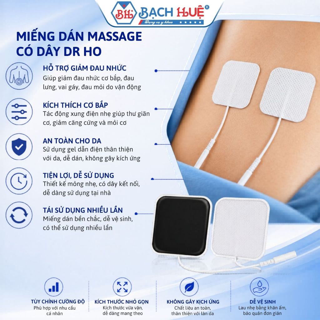 Miếng Dán Máy Massage Dr Ho Cỡ Nhỏ 5x5cm (Cặp 2 Cái) - Miếng Dán Xung Điện Có Dây Thay Thế Giảm Đau