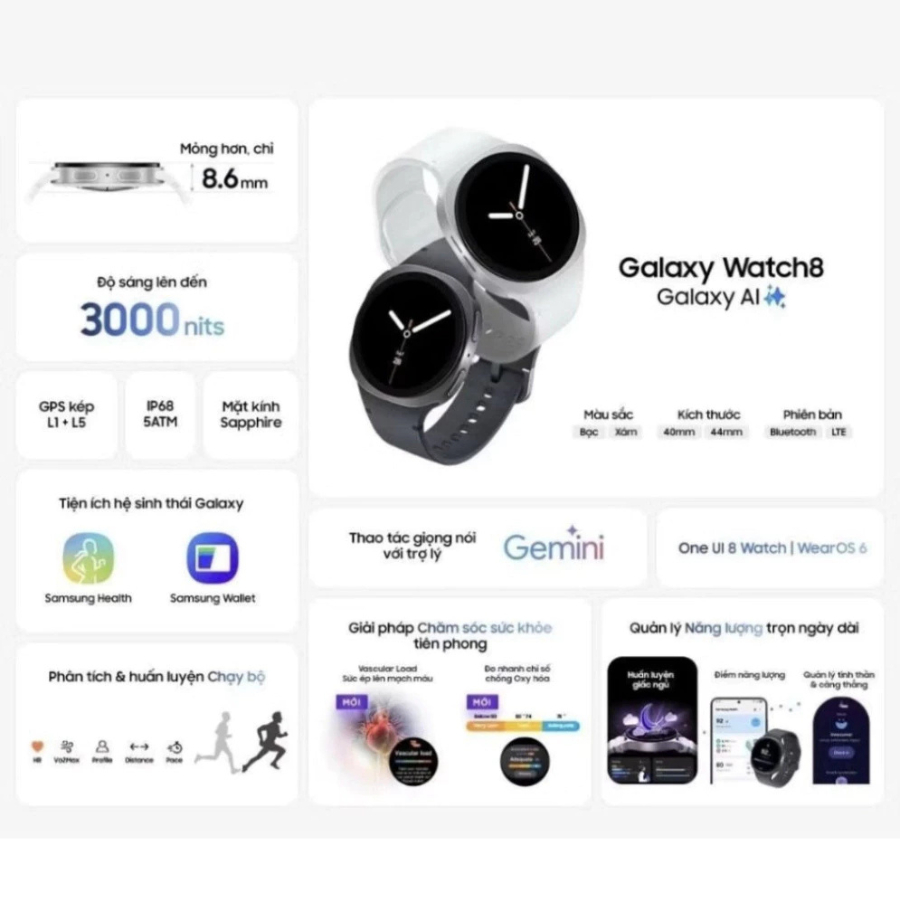 (KOL) Đồng Hồ Thông Minh Samsung Galaxy Watch 8 44mm L330 - Định Vị, Theo Dõi Sức Khỏe - Hàng Chính Hãng