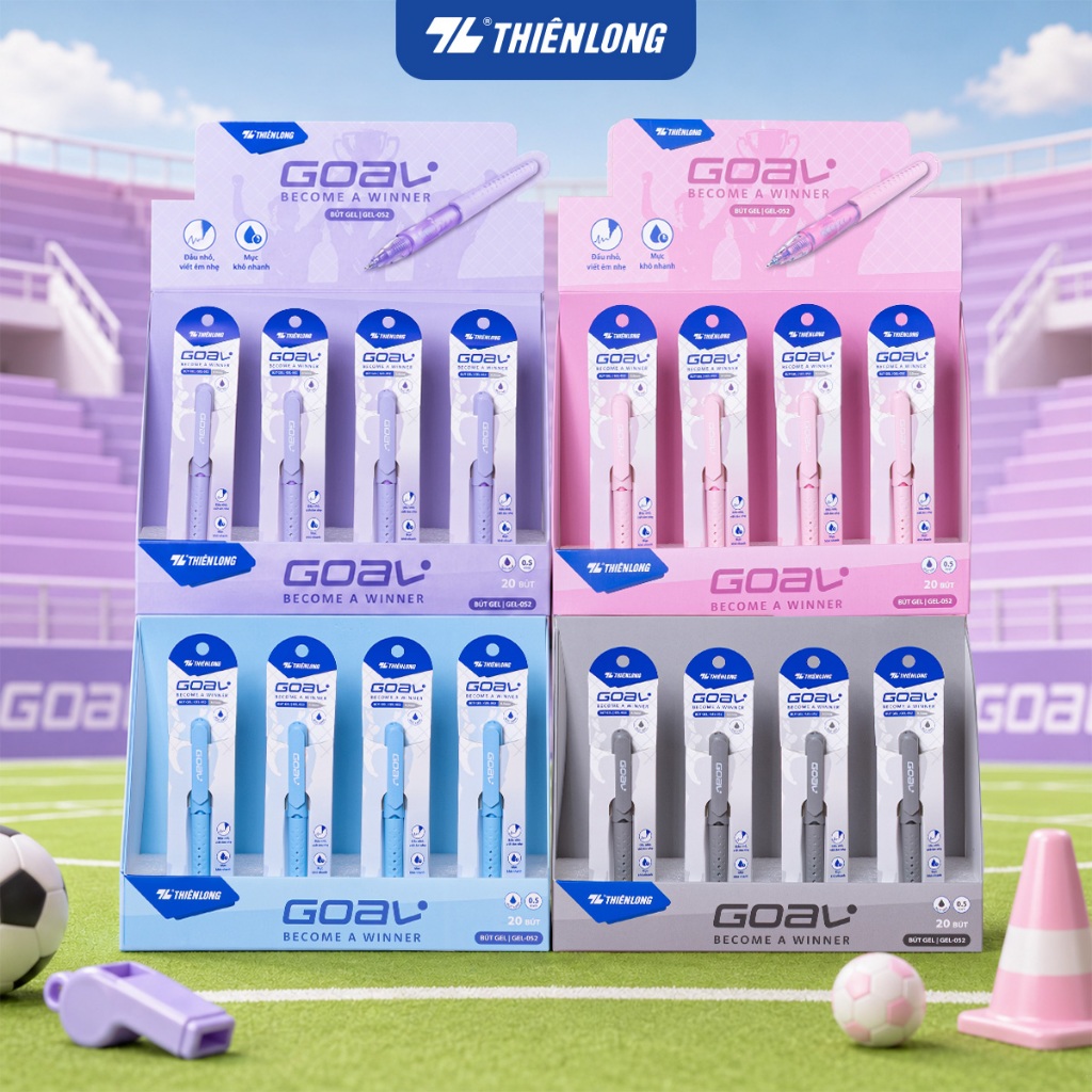 Combo 5/10/20 Bút Gel Thiên Long GEL-052, phiên bản Goal mùa bóng đá, tay nắm định vị, mực nhanh khô 0.5mm