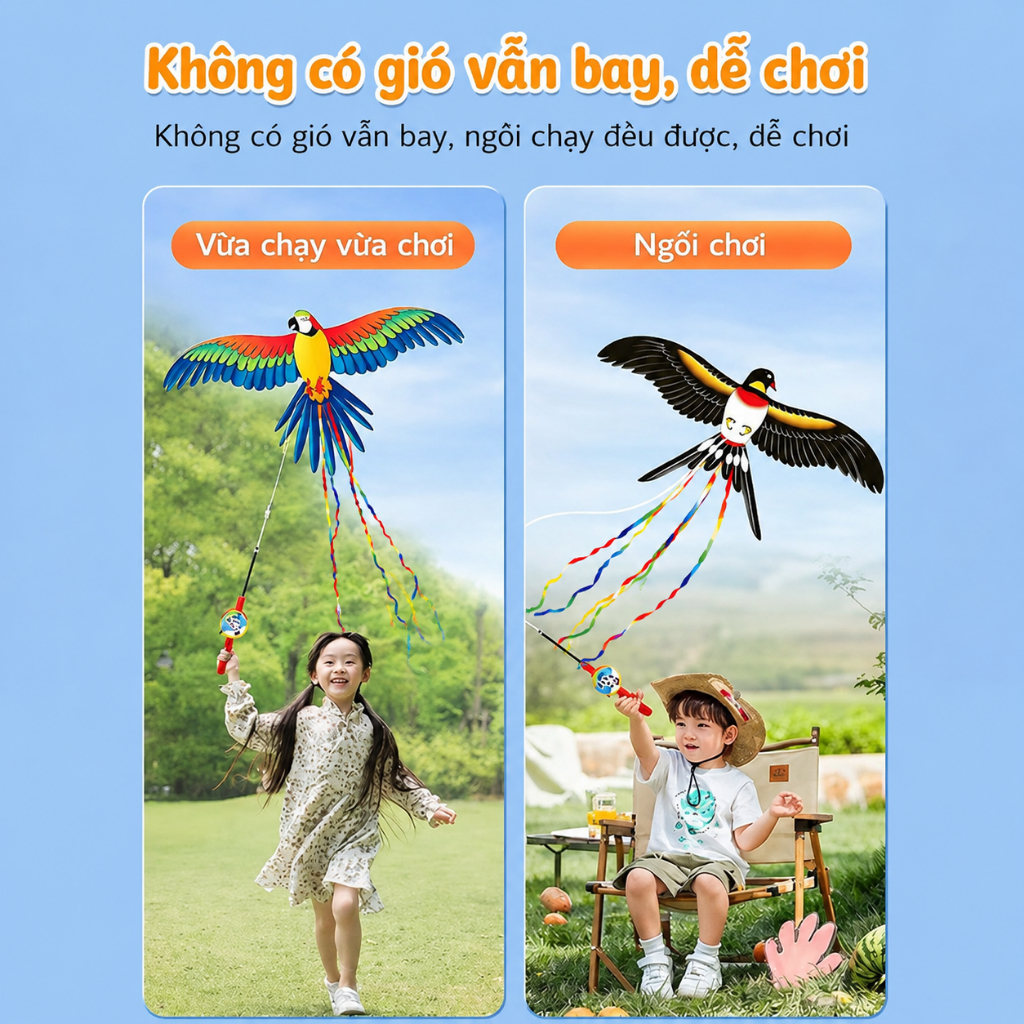 Diều Cần Câu 3D Có Đuôi Cho Bé – Tặng Cần Câu Rút Gọn & Dây 50m – Thả Là Bay