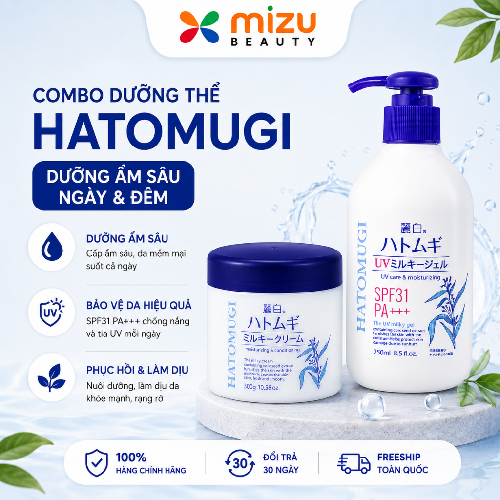 Combo Dưỡng Thể Reihaku Hatomugi Ngày Và Đêm - Kem Dưỡng 300g + Sữa Dưỡng SPF31 PA+++ 250ml