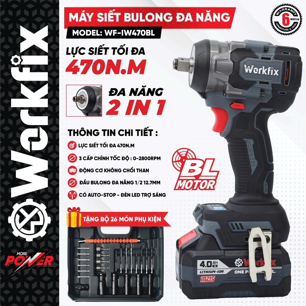 Máy siết bulong WORKFIX WF-IW470BL, Lực siết 470Nm - Chân pin phổ thông - Kèm bộ phụ kiện đa năng