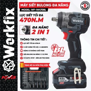 Máy siết bulong WORKFIX WF-IW470BL, Lực siết 470Nm - Chân pin phổ thông - Kèm bộ phụ kiện đa năng