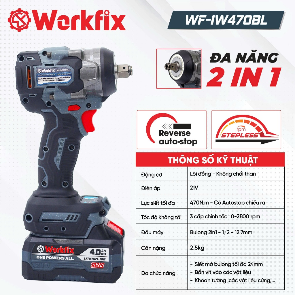 Máy siết bulong WORKFIX WF-IW470BL, Lực siết 470Nm - Chân pin phổ thông - Kèm bộ phụ kiện đa năng