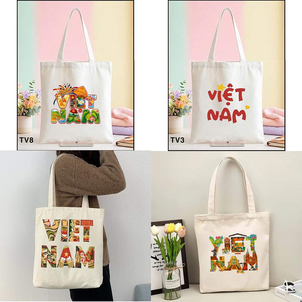 Túi tote bộ sưu tập chữ Việt Nam có khóa-túi vải canvas làm quà tặng đặc trưng VIỆT NAM túi đeo vai tote thời trang