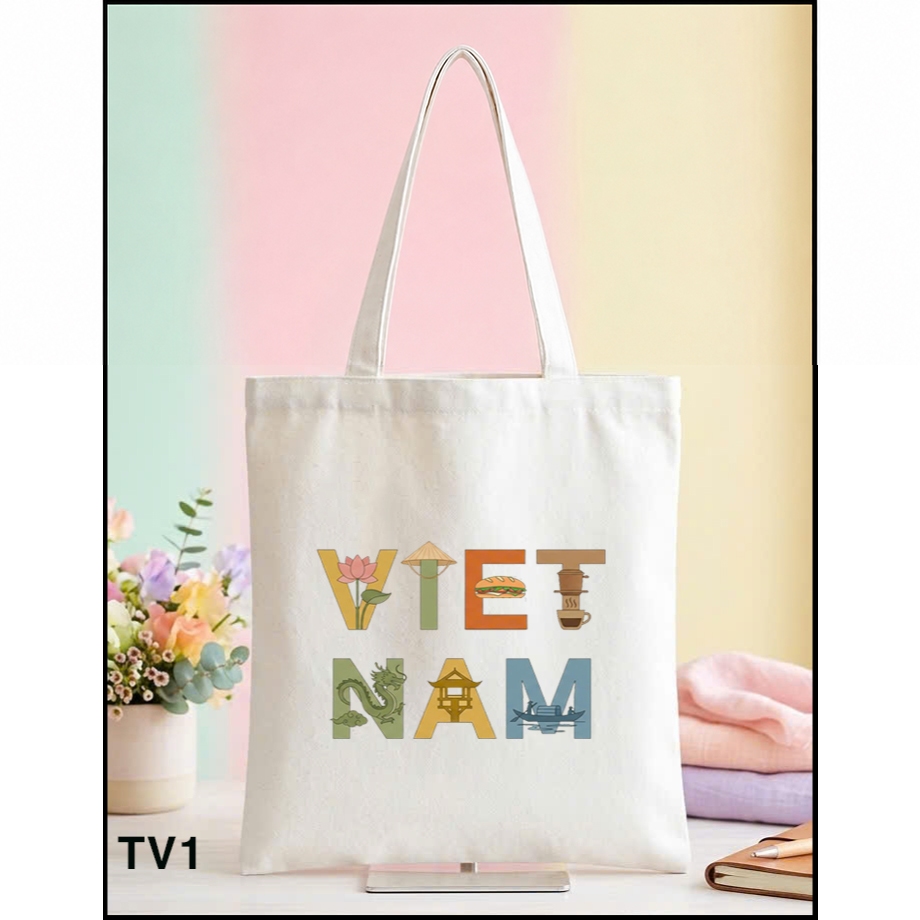 Túi tote bộ sưu tập chữ Việt Nam có khóa-túi vải canvas làm quà tặng đặc trưng VIỆT NAM túi đeo vai tote thời trang
