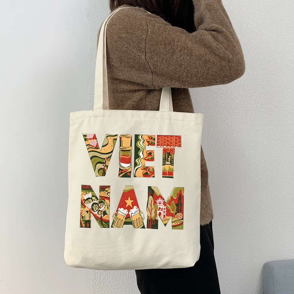 Túi tote bộ sưu tập chữ Việt Nam có khóa-túi vải canvas làm quà tặng đặc trưng VIỆT NAM túi đeo vai tote thời trang