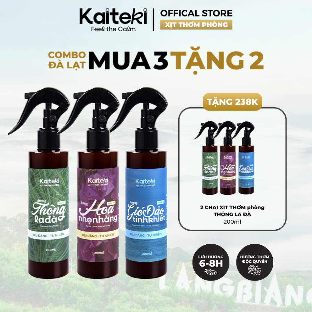 Xịt Thơm Phòng Kaiteki 200ml, Nước Hoa Phòng Cho Phòng Ngủ, Nhà Cửa, Ô Tô, Khử Mùi Nano Bạc Hiệu Quả, Mua 3 Tặng 2